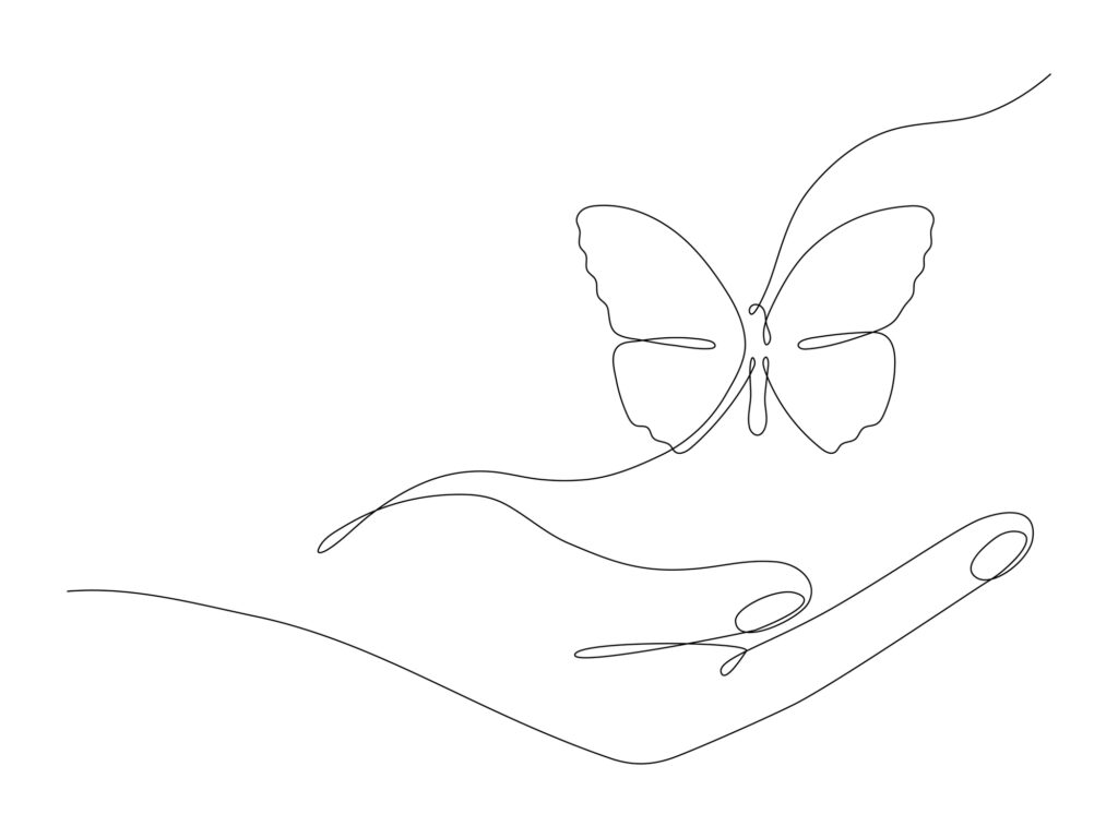 Human hand holding butterfly flying continuous line art drawing. Image shows line drawing of person holding a butterfly in their hands.